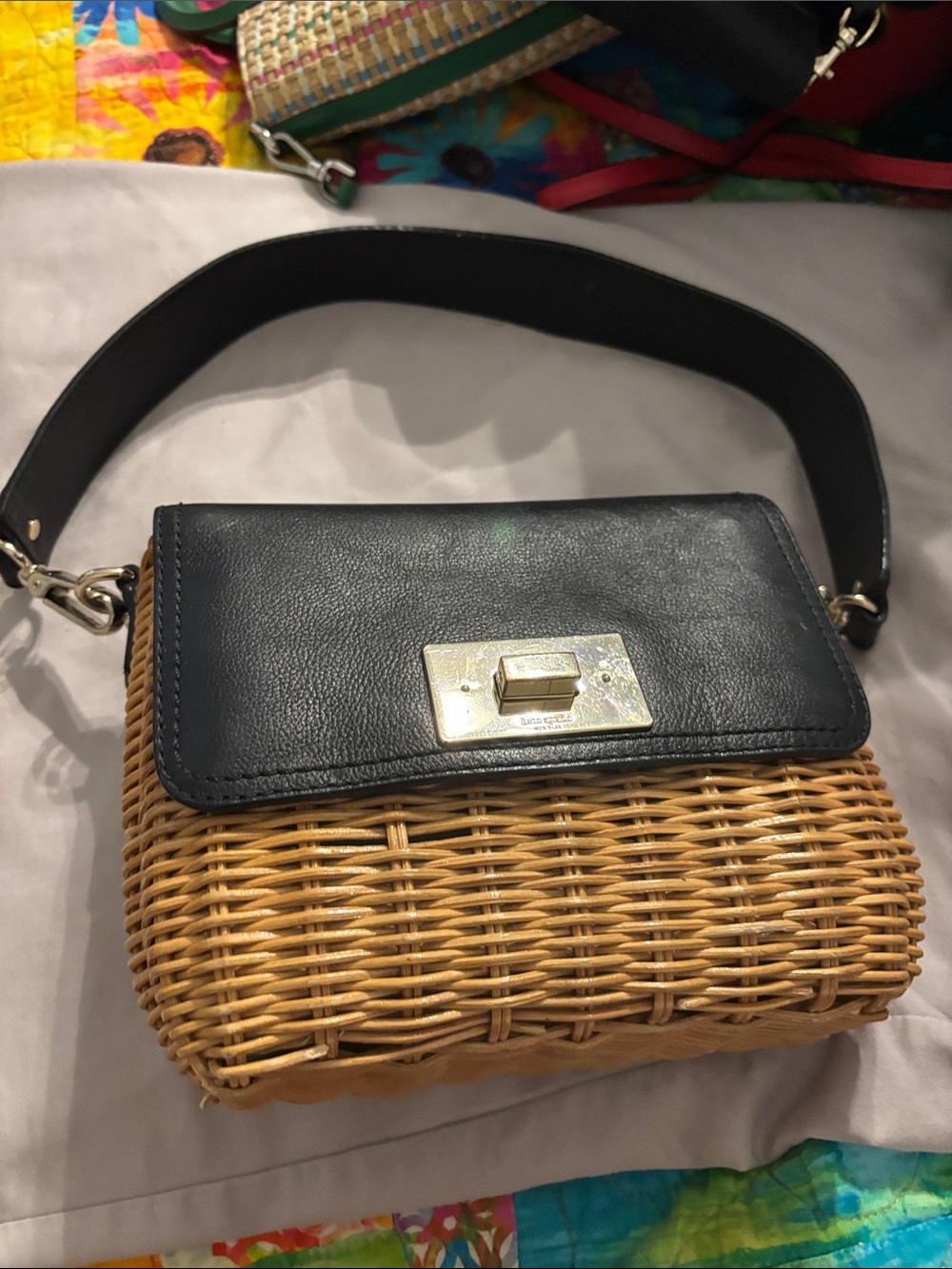 kate spade Black Leather & Natural Wicker Crossbody Bag